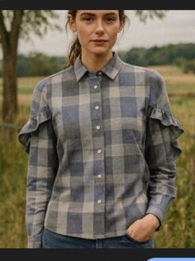 Sea ny plaid gray patch ruffle blouse $288 spring casual button up